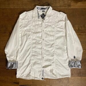 Roar Button Up Shirt Mens XXL White Western Goth Ornate Embroidered Silver Studs